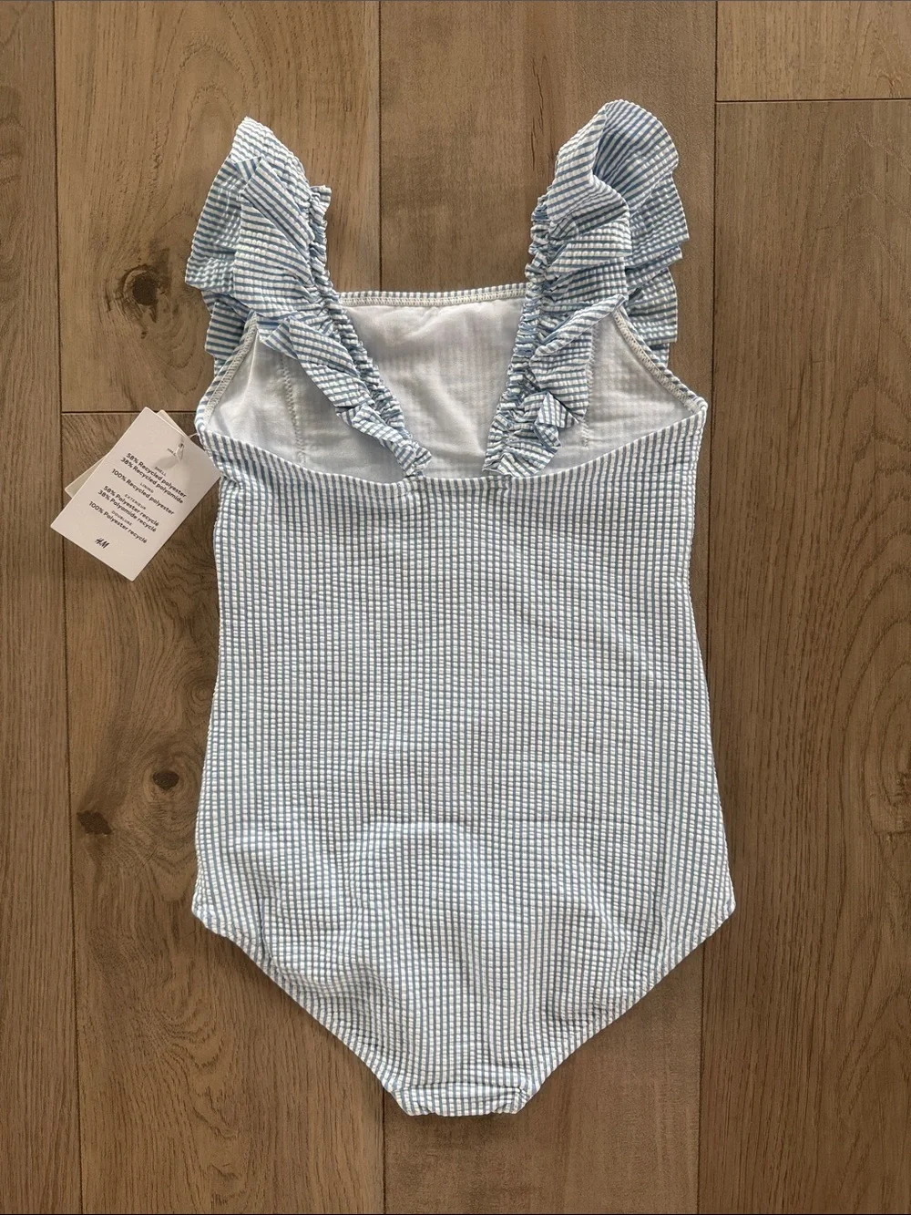 H&M Light Blue & White Seersucker Ruffle Strap One-Piece Swimsuit